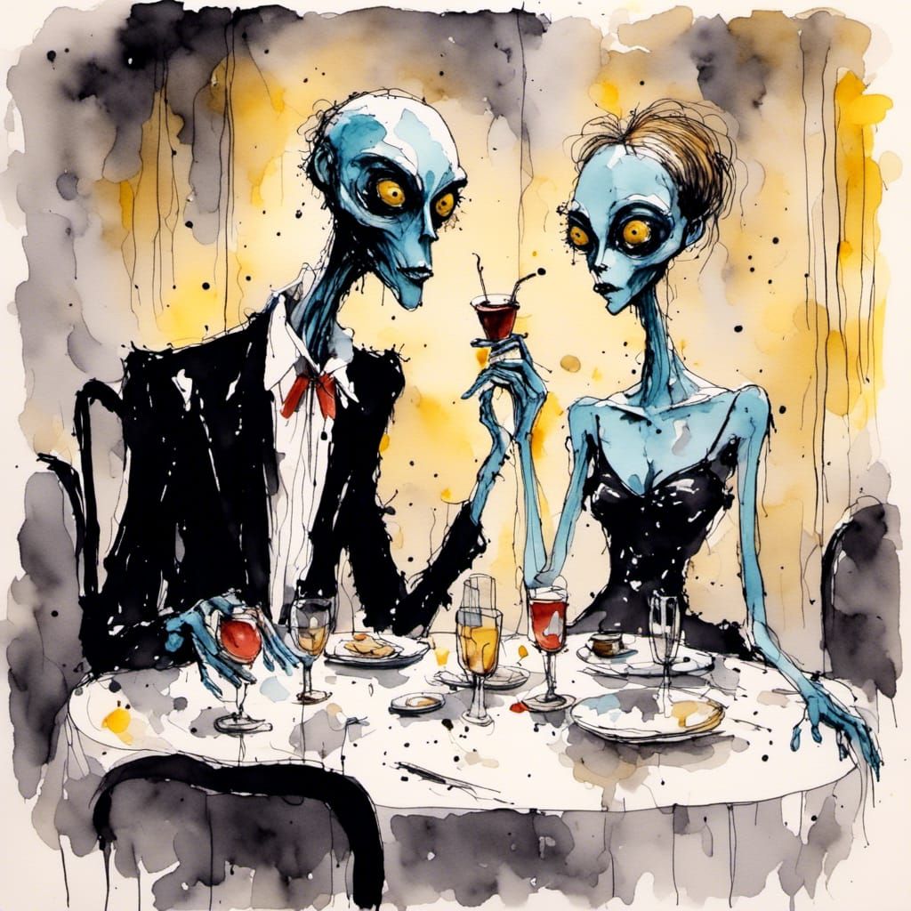<lora:Draw something:1.0> Two aliens on a date in a fancy re...