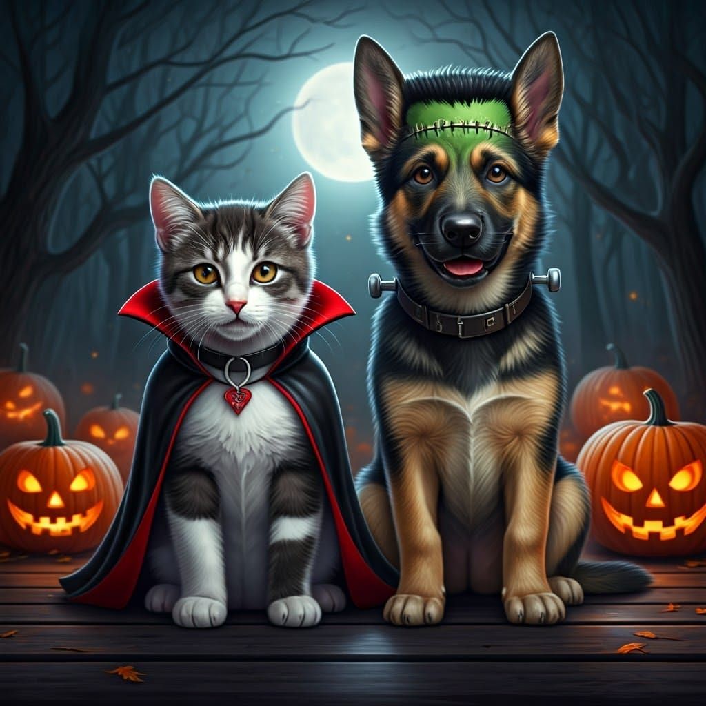 Kitten Dracula and Frankenstein Dog in Halloween Scene