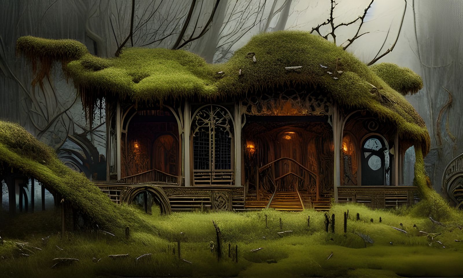 Intricate Mossy Wooden Homestead in Digital Art