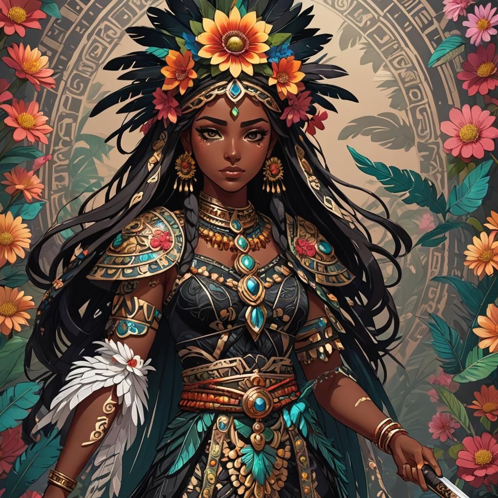 Anime Girl with Obsidian Sword in Mayan Style