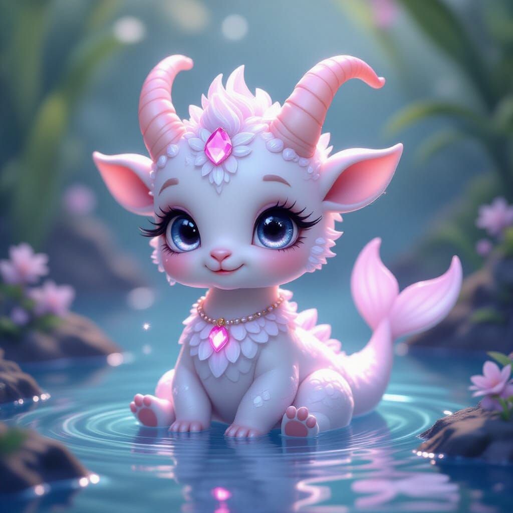Cute Baby Sea-Goat Zodiac Art in Ethereal 3D Style