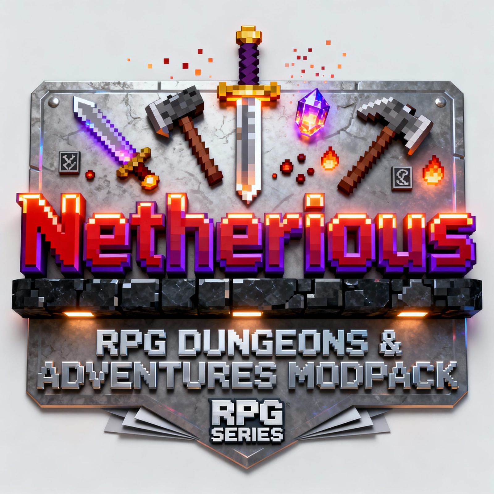 Netherious Voxel RPG Logo with Swords and Crystals