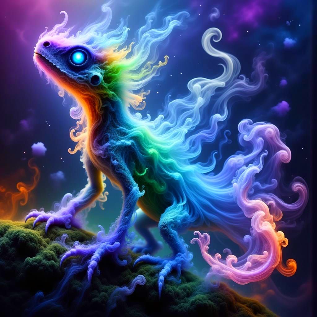 Mystical Lizard Emerges from Cosmic Smoke