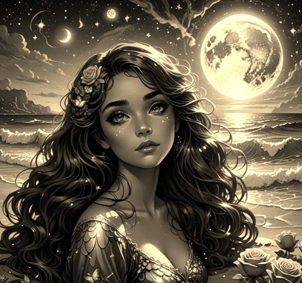 Dreamy Mermaid Under Starry Night Sky