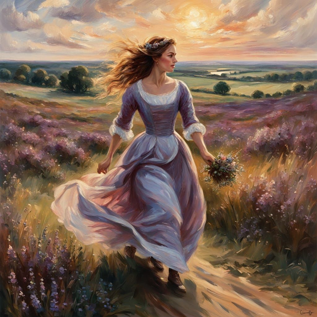 Young Woman in Gown Runs Through English Countryside in Gold...