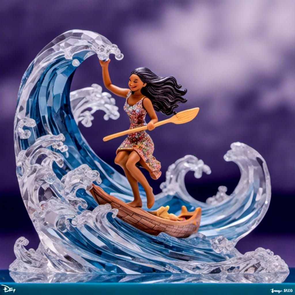 Woman Rides Wave in Disney Animated Style