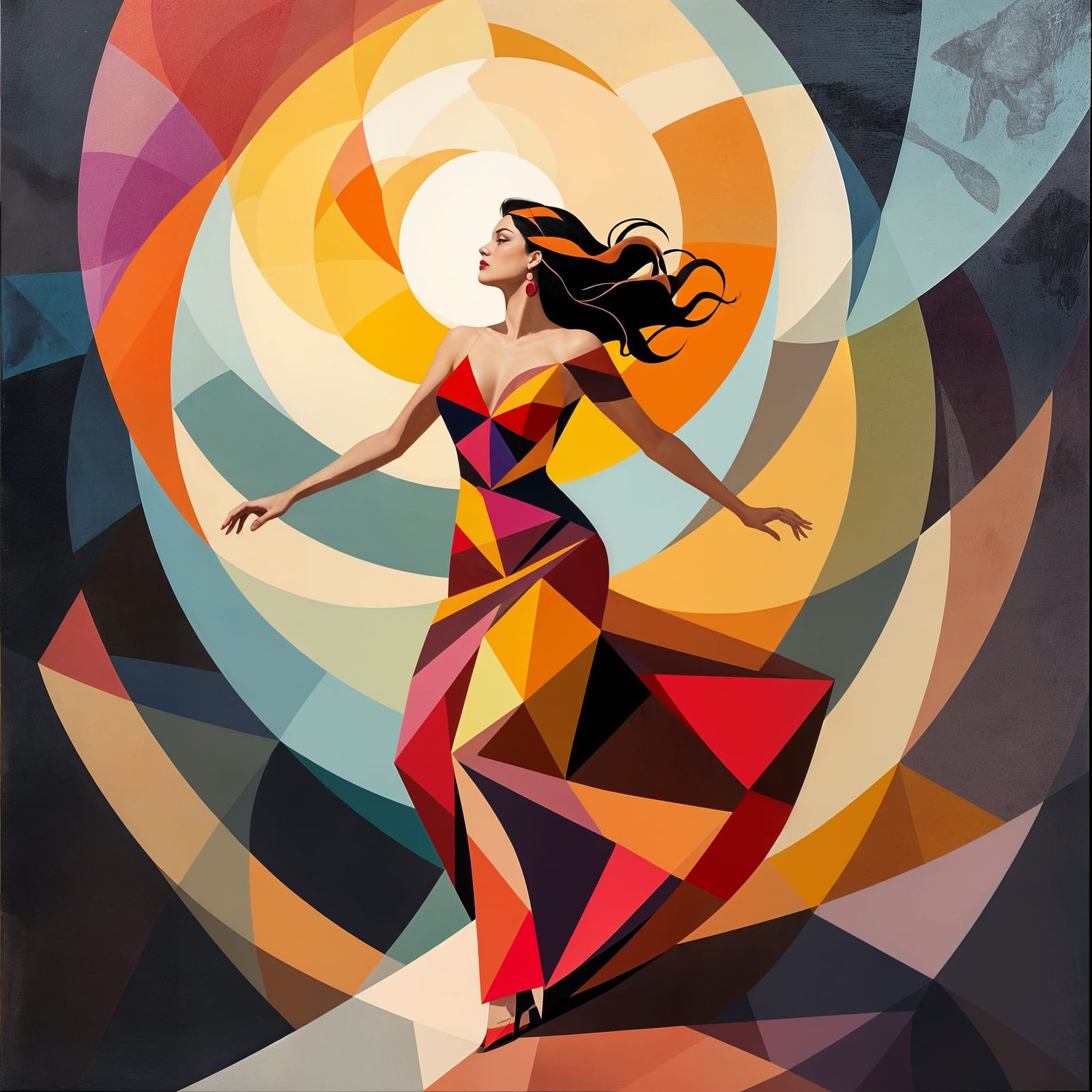 Woman Falling from Cliff in Cubist Style