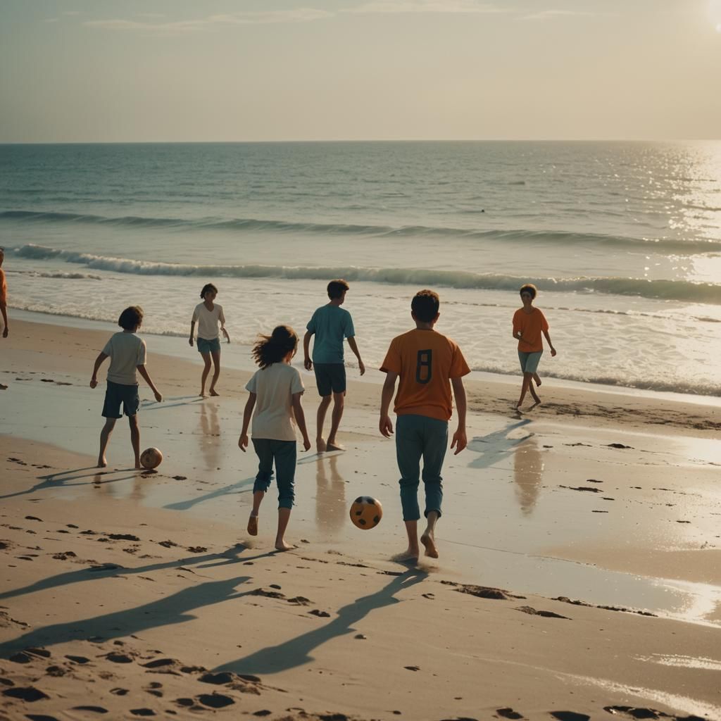 Young People Play Football on Beach in Cinematic Style