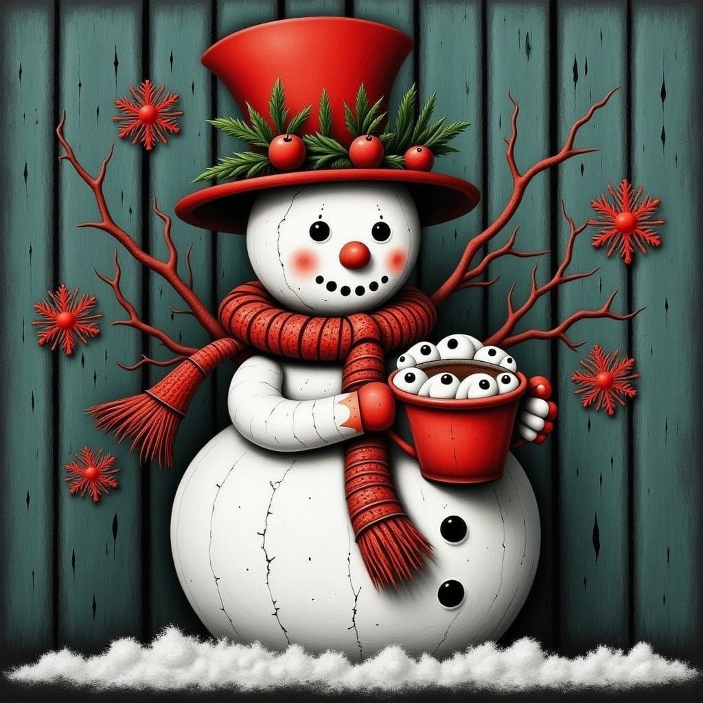 Crackled Snowman with Rusty Top Hat, Scratchboard Art