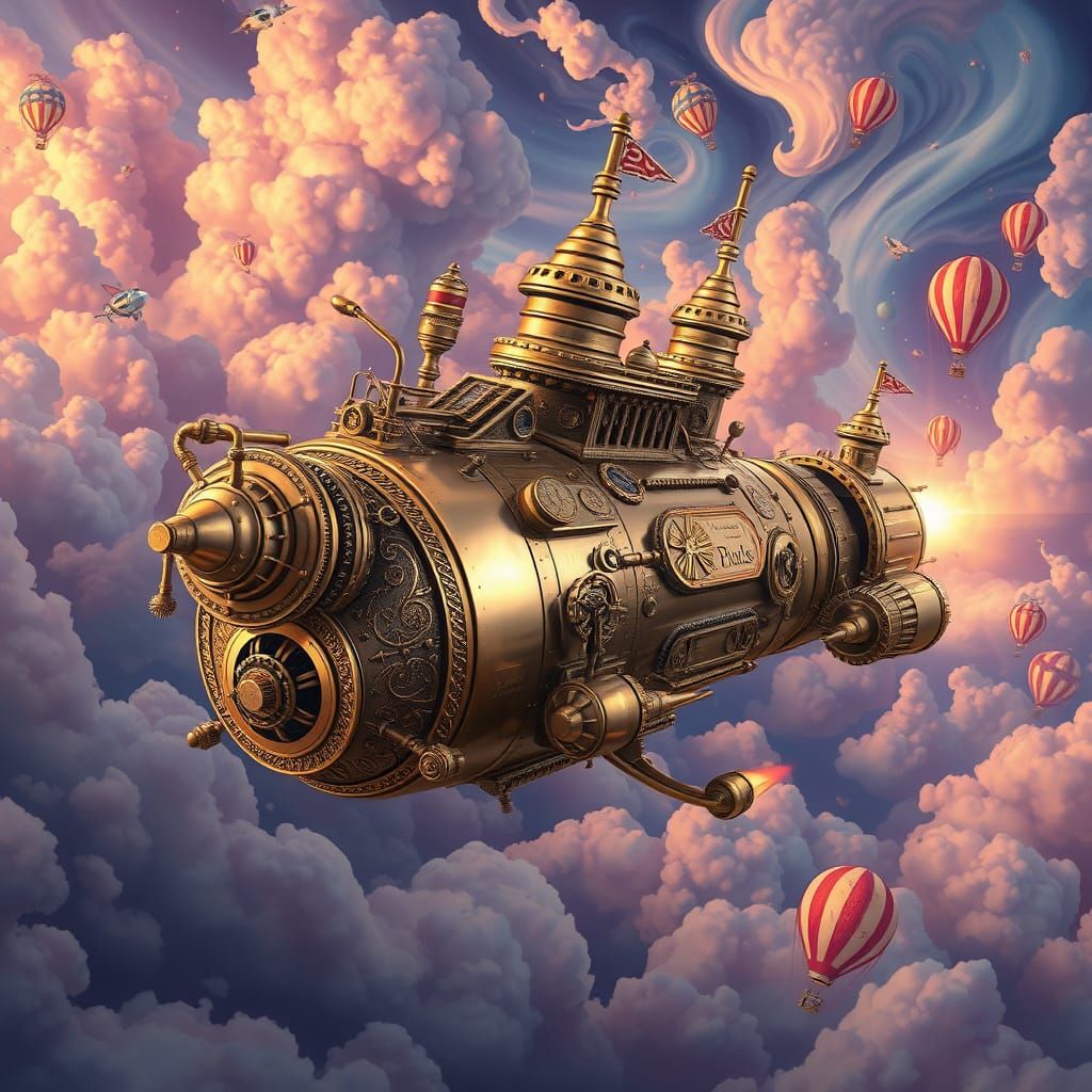 Steampunk Rocket Ship Soaring Through Surreal Sky