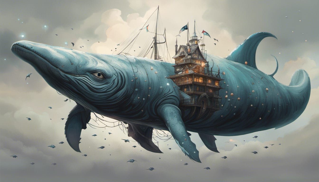 Blue Whale Over Village in Dreamy Style