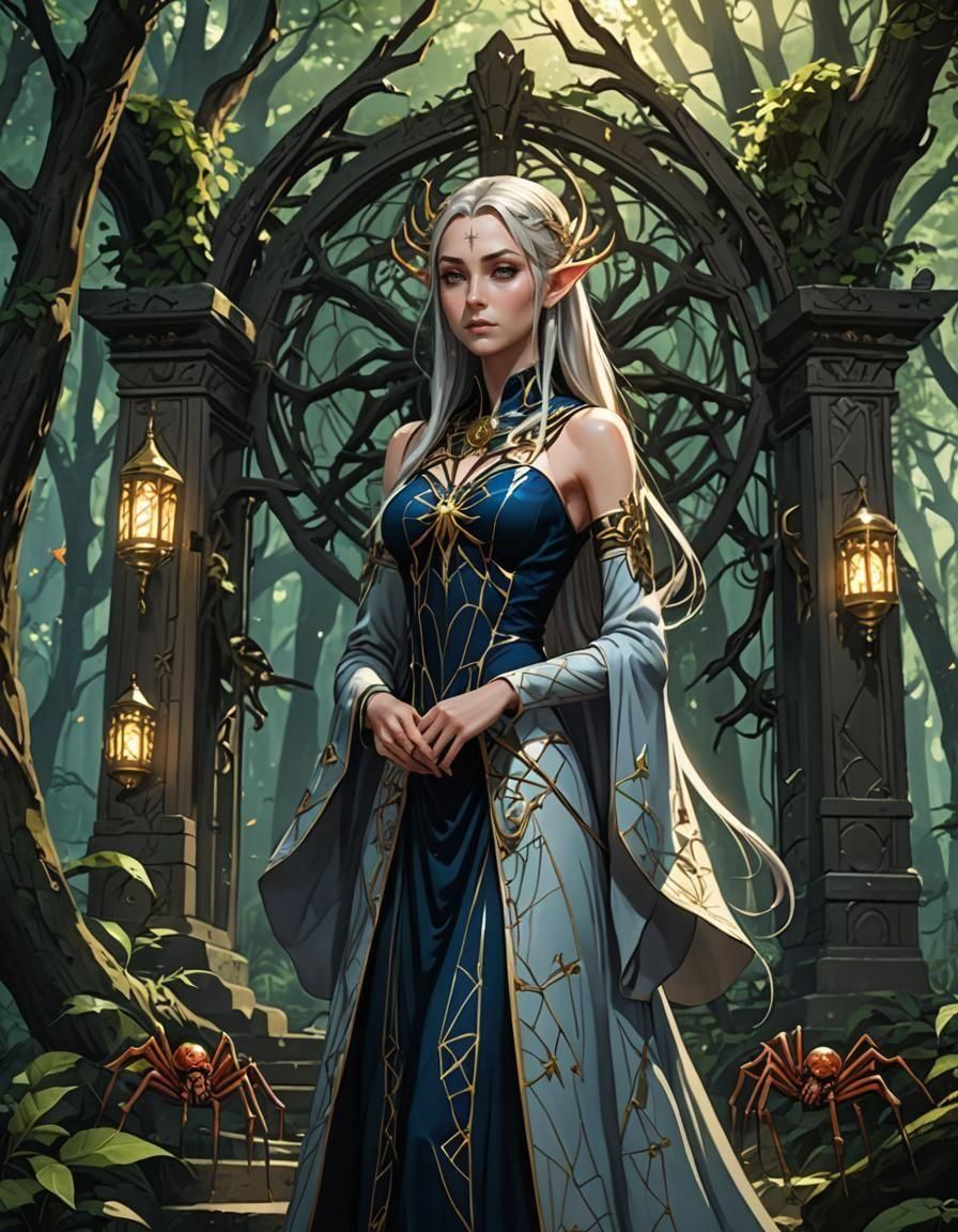 Elven Priestess of the Spider Goddess in Elegant Shrine Atti...