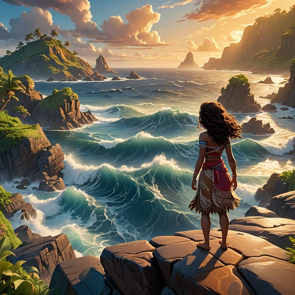Moana on the Coastline: Pixar-Style 3D Art