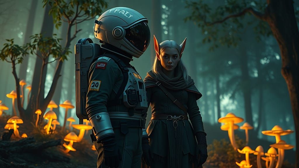 Astronaut Discovers Enchanted Forest in Cosmic Landscape