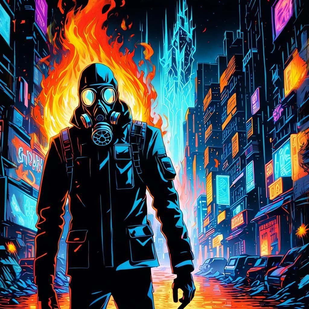 Man in Gas Mask Holding Firey Ice