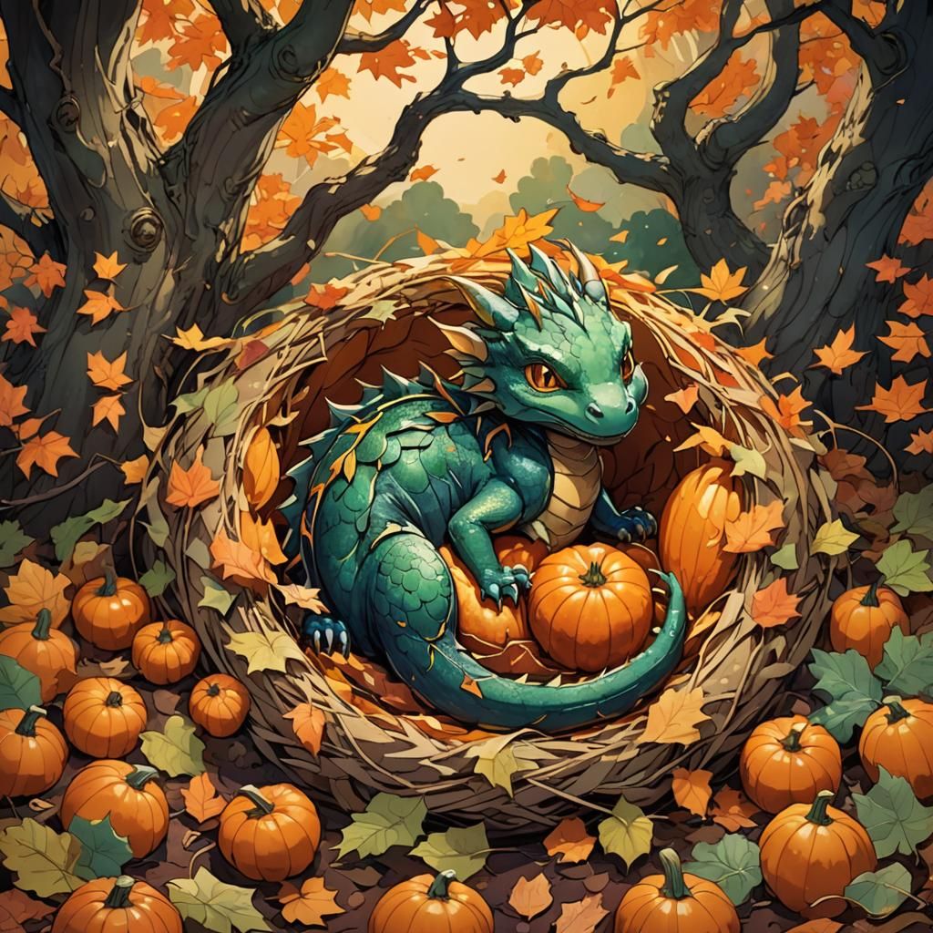 Baby Dragon's Nap: Anime Art in Pumpkin Nest