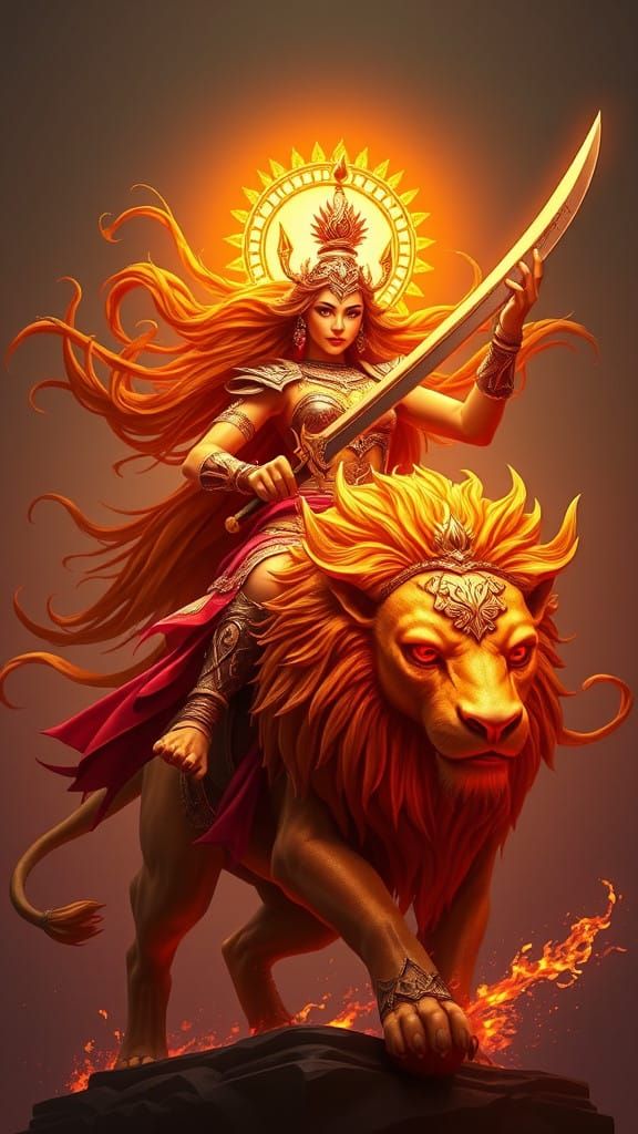Golden Goddess Warrior Seeks Battle on Majestic Lion