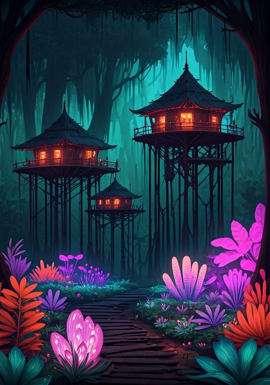 Alien Stilt Village in Ultraviolet Mangrove Biome