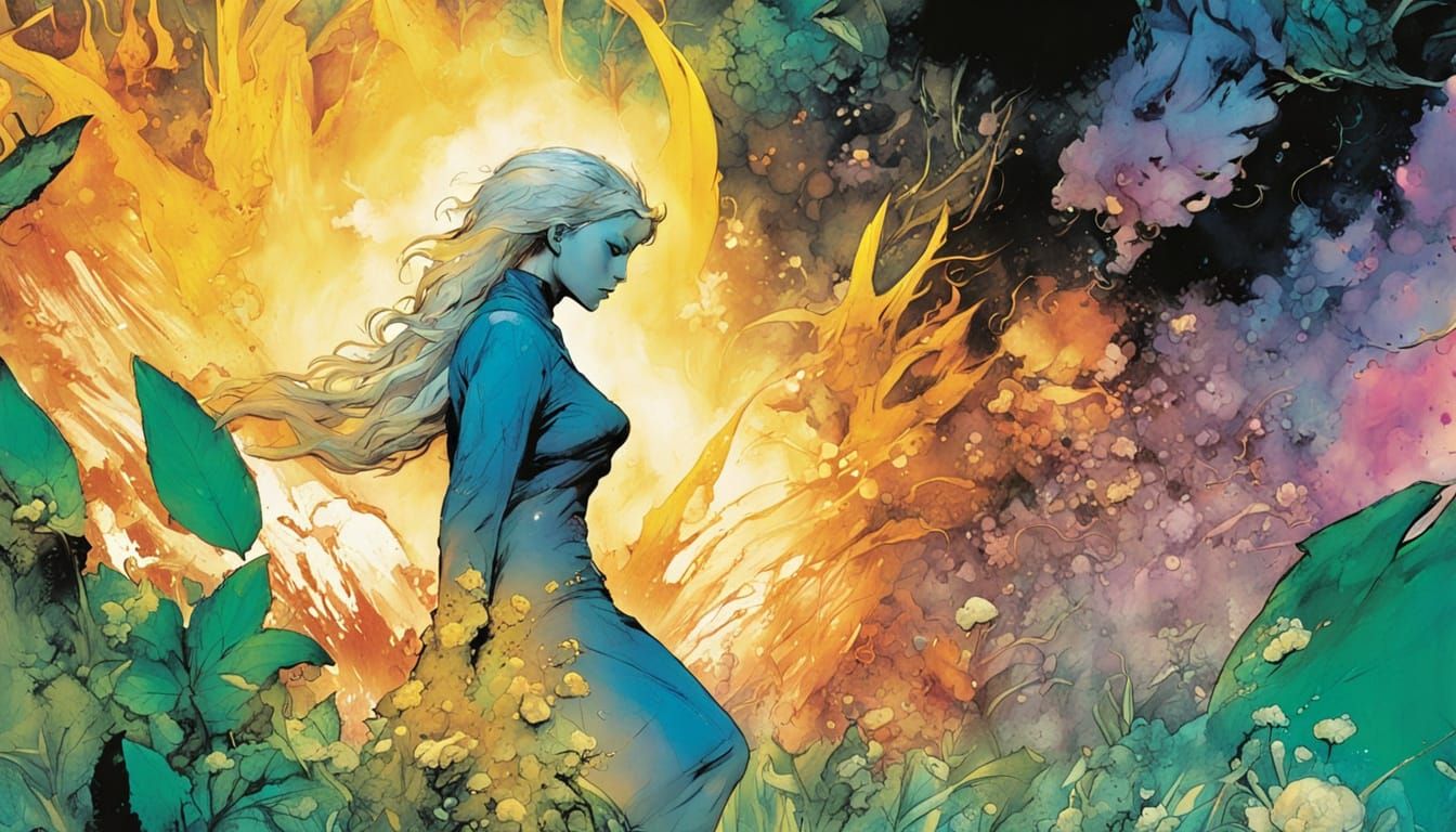 Surreal Spring Goddess Emerges from Vibrant Cosmic Backgroun...