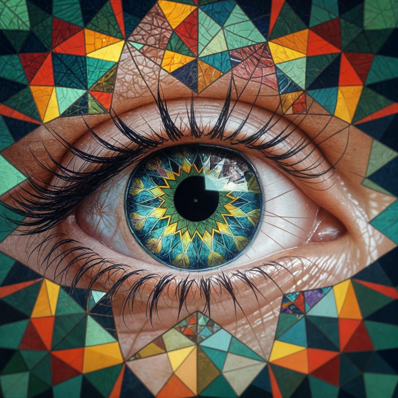Kaleidoscopic Eye in Shattered Stained Glass Style