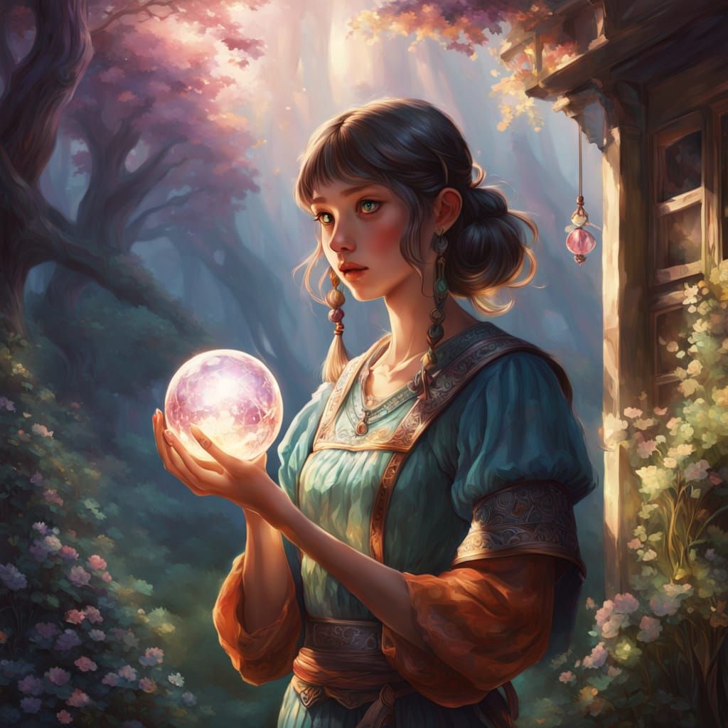 Ghibli-Inspired Young Girl Holds Glowing Crystal Ball in Enc...