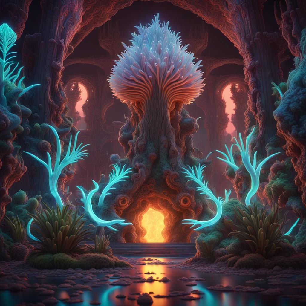 Psychedelic Bioluminescent Creature with Energy Crystals