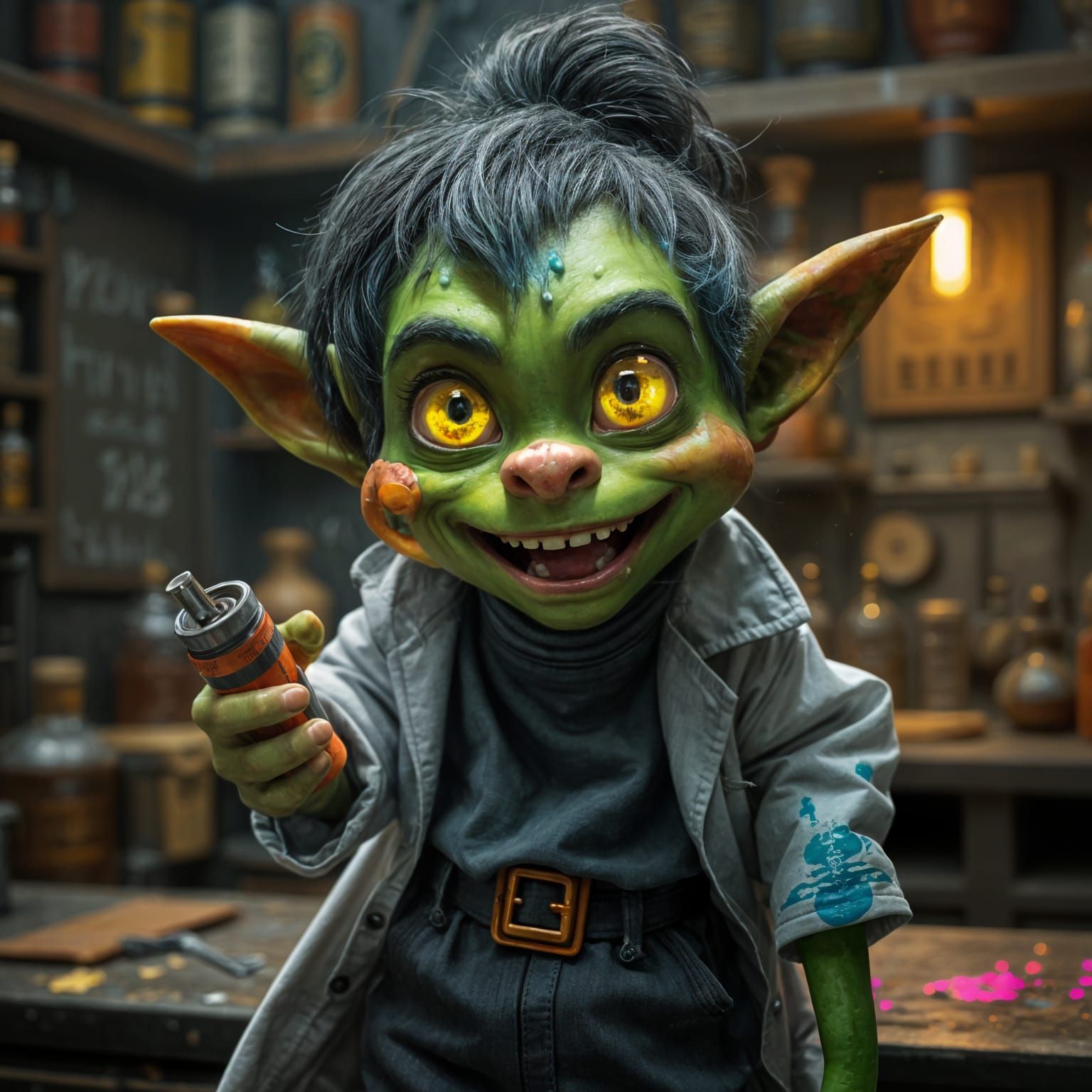 Photorealistic Goblin Alchemist with Dynamite in Laboratory