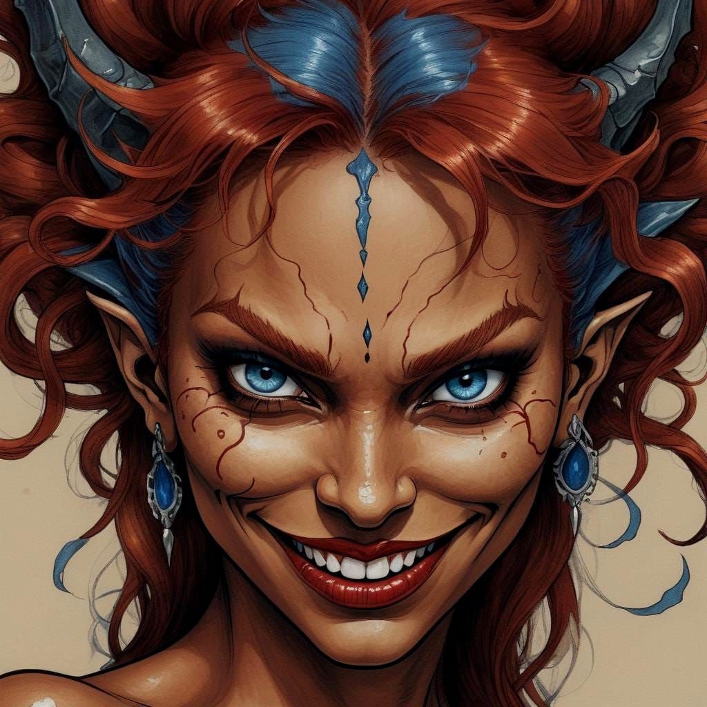 Exotic Demon Woman with Red Hair, Ink Drawing