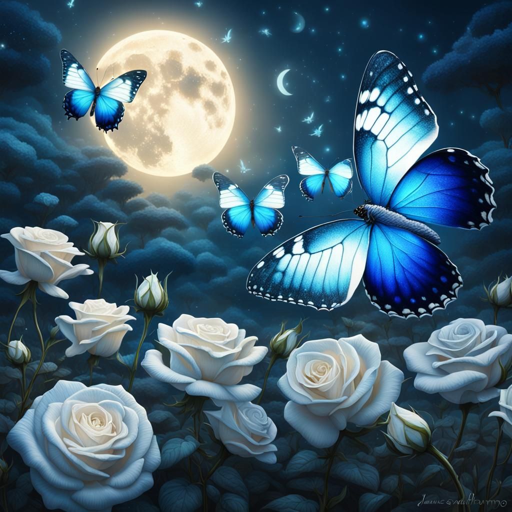 Butterflies and Roses at Night: A Digital Painting