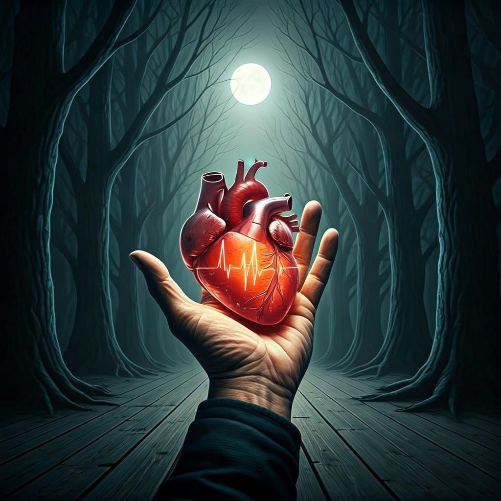 Surreal Forest Scene: Aged Hand Holds Glowing Crystal Heart