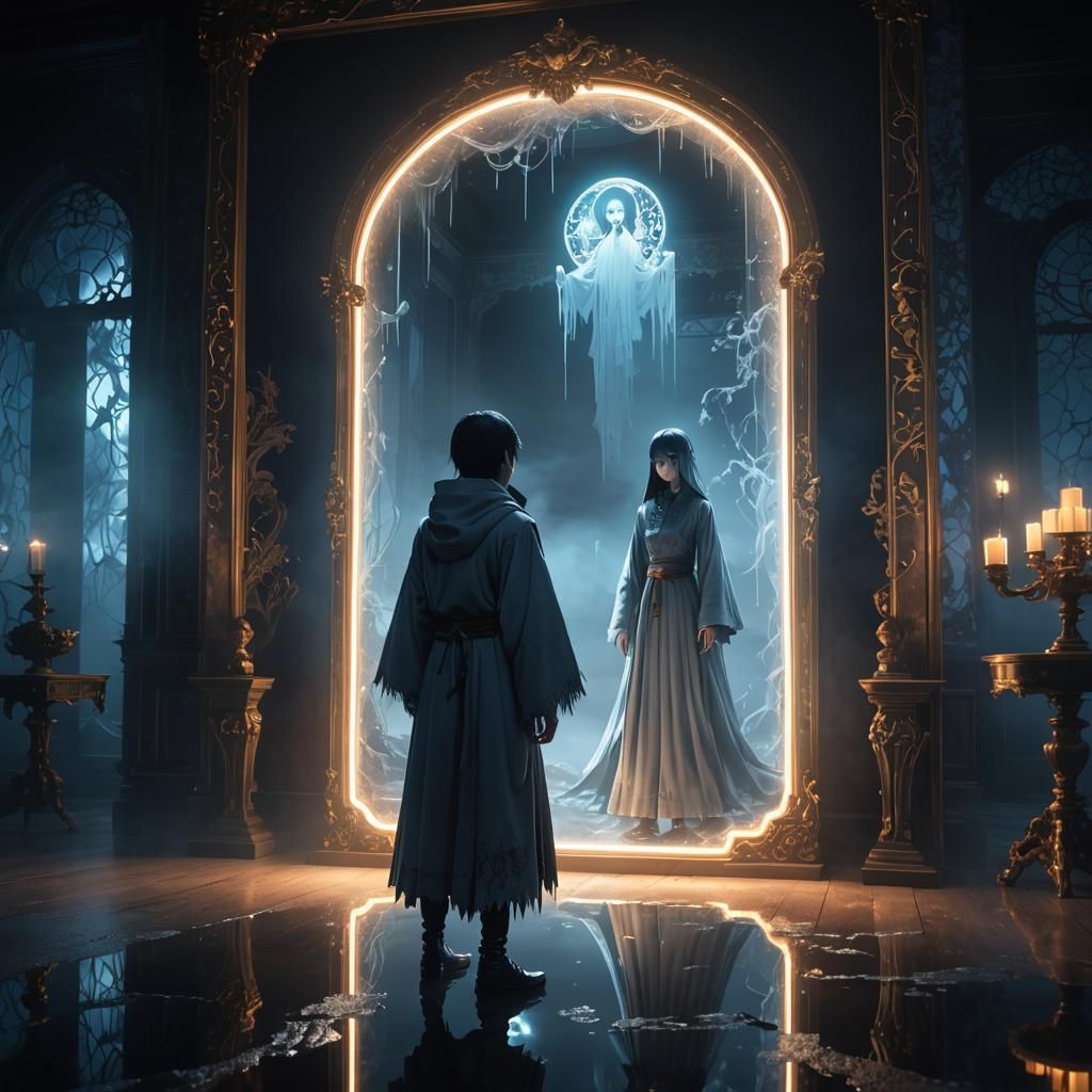 Mystical Anime Mirror Reflects Ghostly Figure