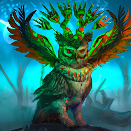 Hybrid alebrije between falcon, wolf, deer, owl, buffalo