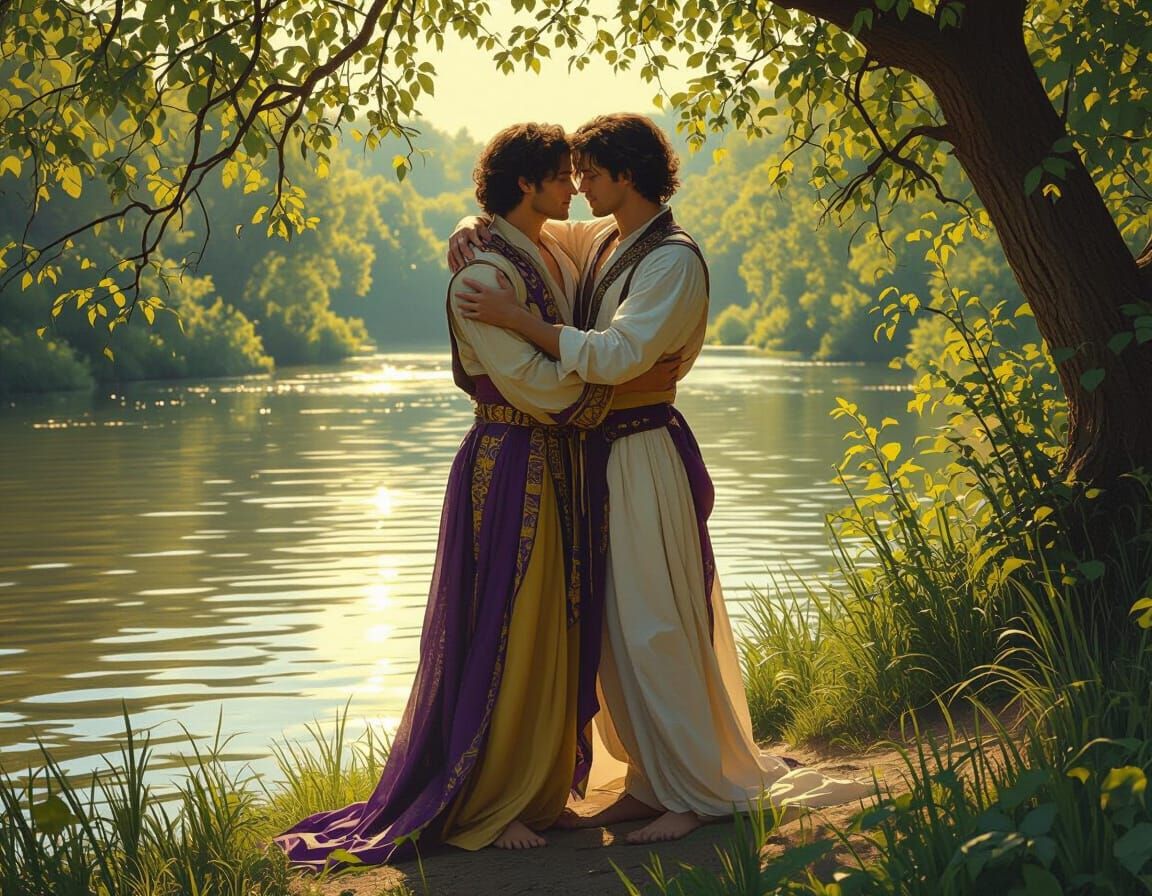 Romantic Riverbank Embrace in Dark Fantasy Style