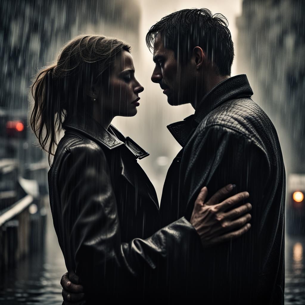 Romantic Couple Embrace in Rainy, Moody Weather