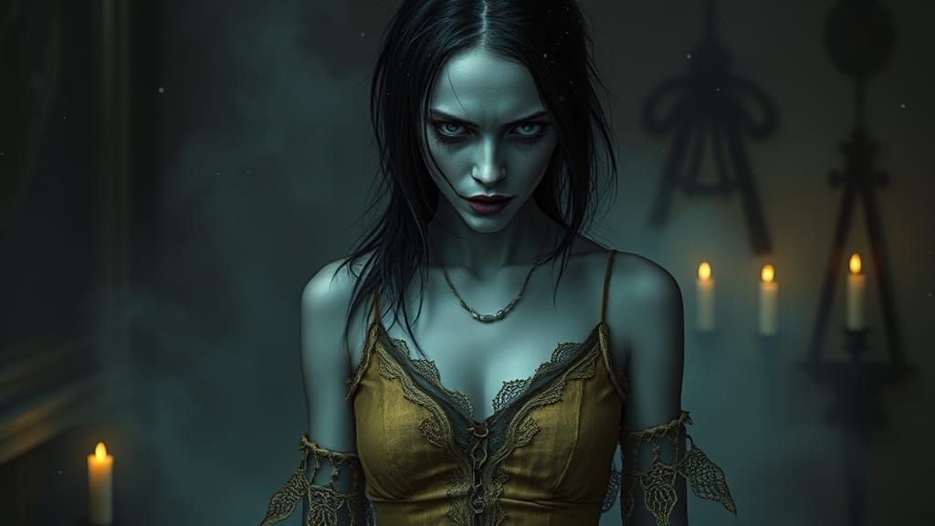 Ethereal Horror: A Gothic Portrait in Anemic Colors