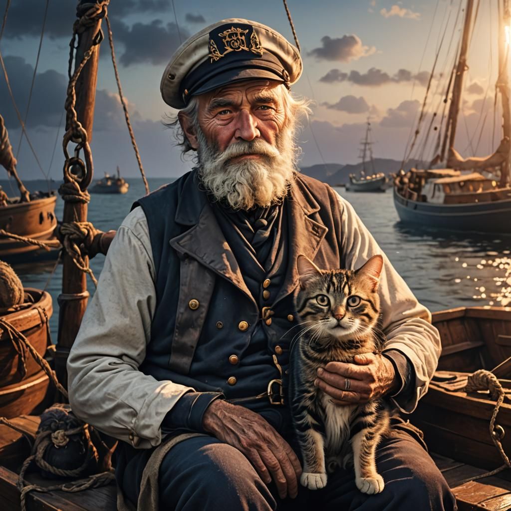 Old Sea Captain with Cat in High Definition