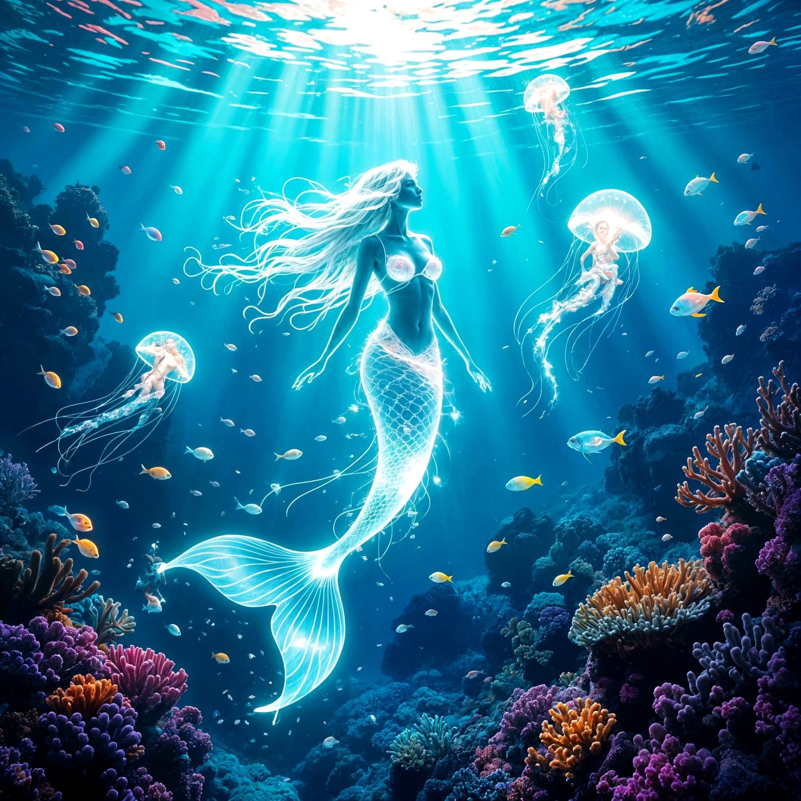 Bioluminescent Mermaid Shimmers in Underwater Paradise