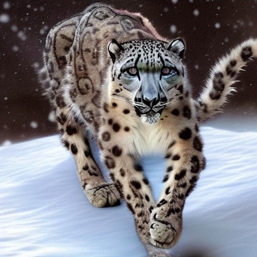 Snow Leopard Hunting Goat in Romantic Style