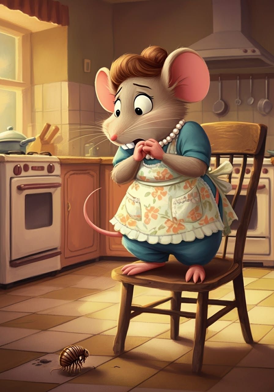 Cartoon Mouse Housewife Fears a Flea in Classic Cartoon Styl...