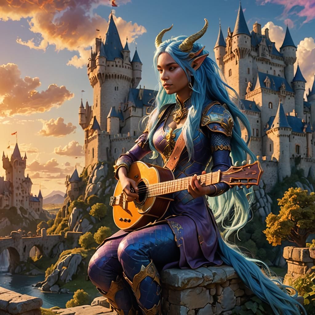 Dragon Girl Plays Banjo Before Castle, Roger Dean Style