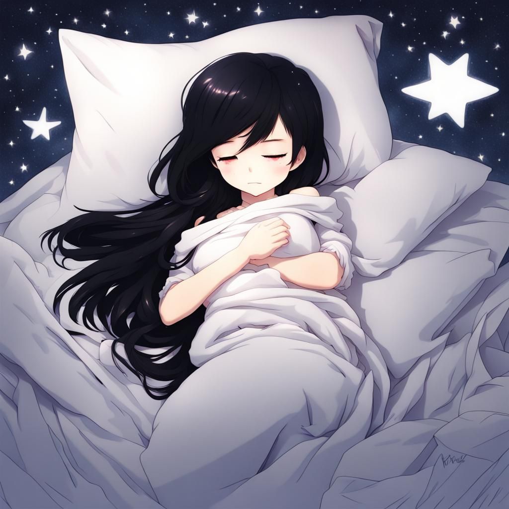 Chibi Girl Sleeping on Starry Sheets in Anime Style
