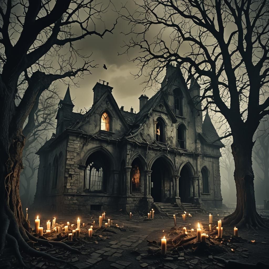 Haunted Ghost in Gothic House with Eerie Lighting