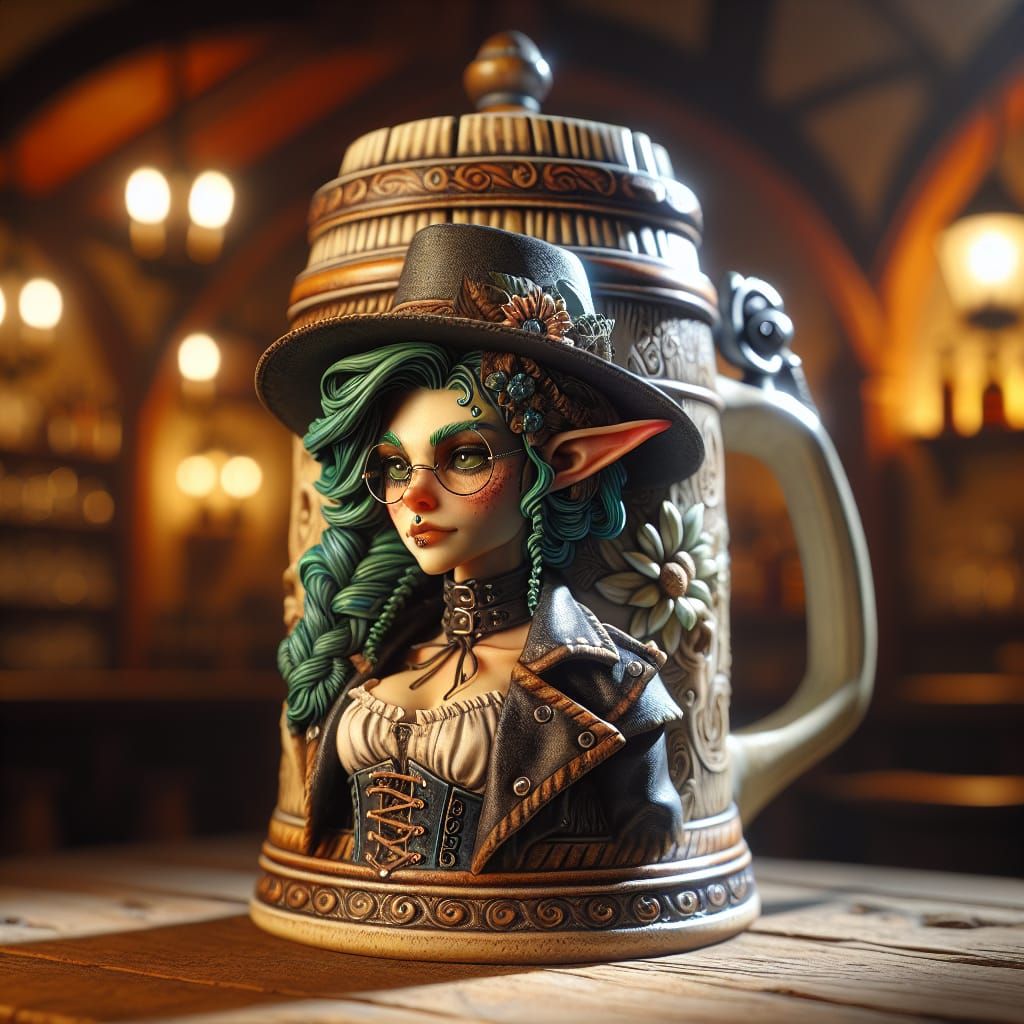 Steampunk Elf Stein in Bavarian Pub, Matte Painting