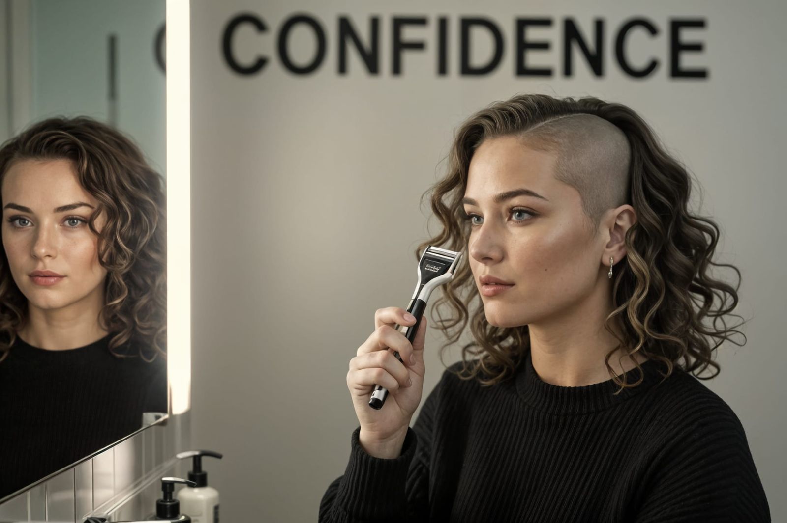 Confident Woman Shaves Head in Moody Cinematic Shot