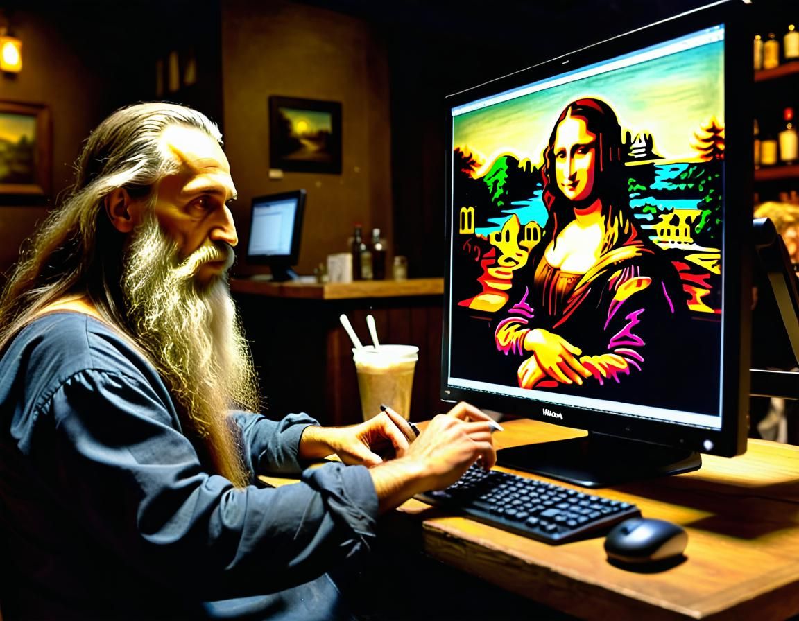 Artist Creating Mona Lisa on Night Cafe