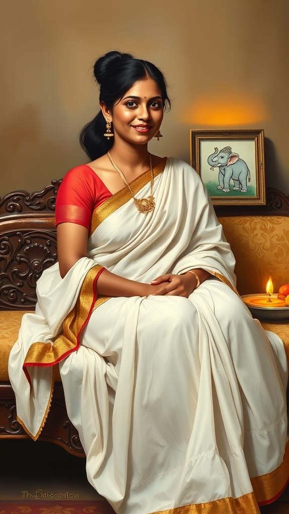 Elegant South Indian Woman in Indian-European Fusion Art