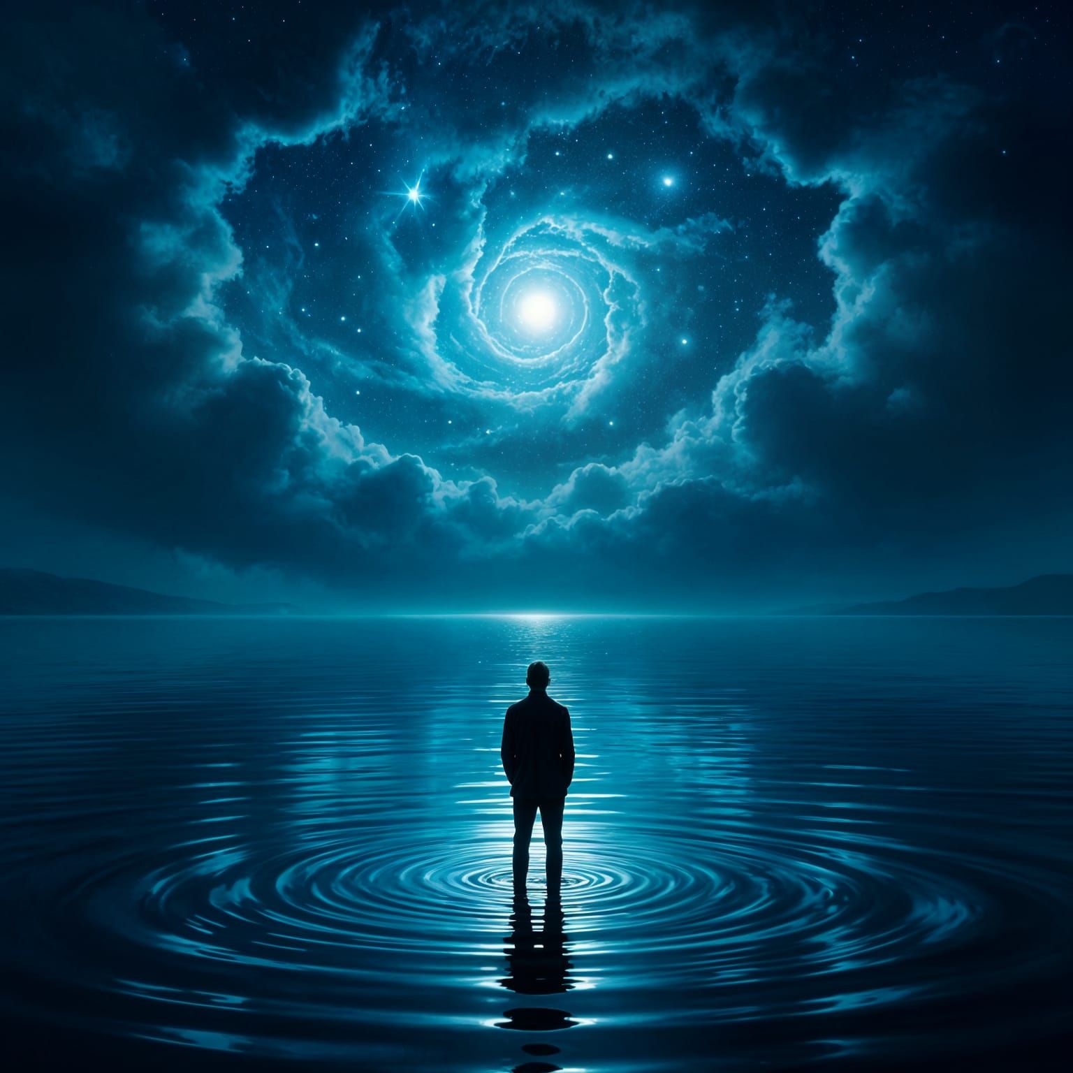 Man Gazes at Cosmic Reflections on Rippling Water