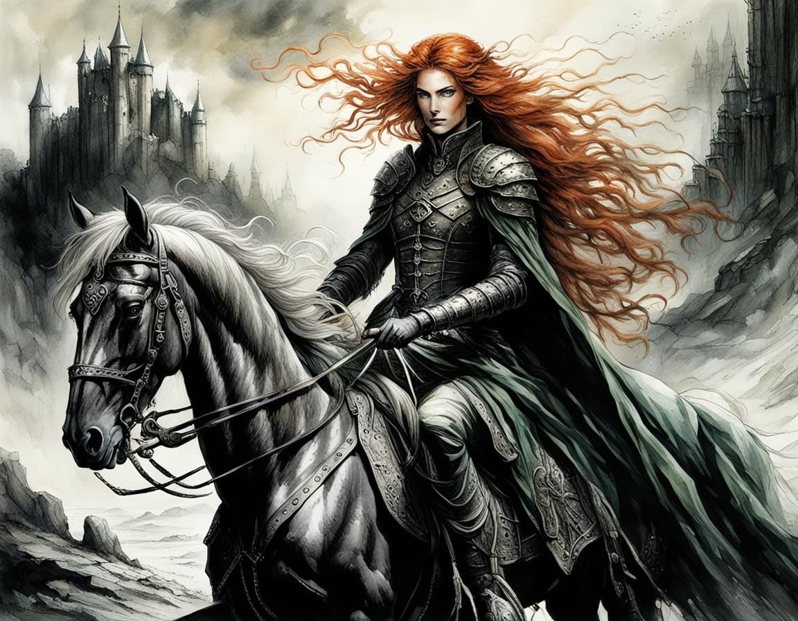 Red Haired Knight Surveys Ruined Landscape