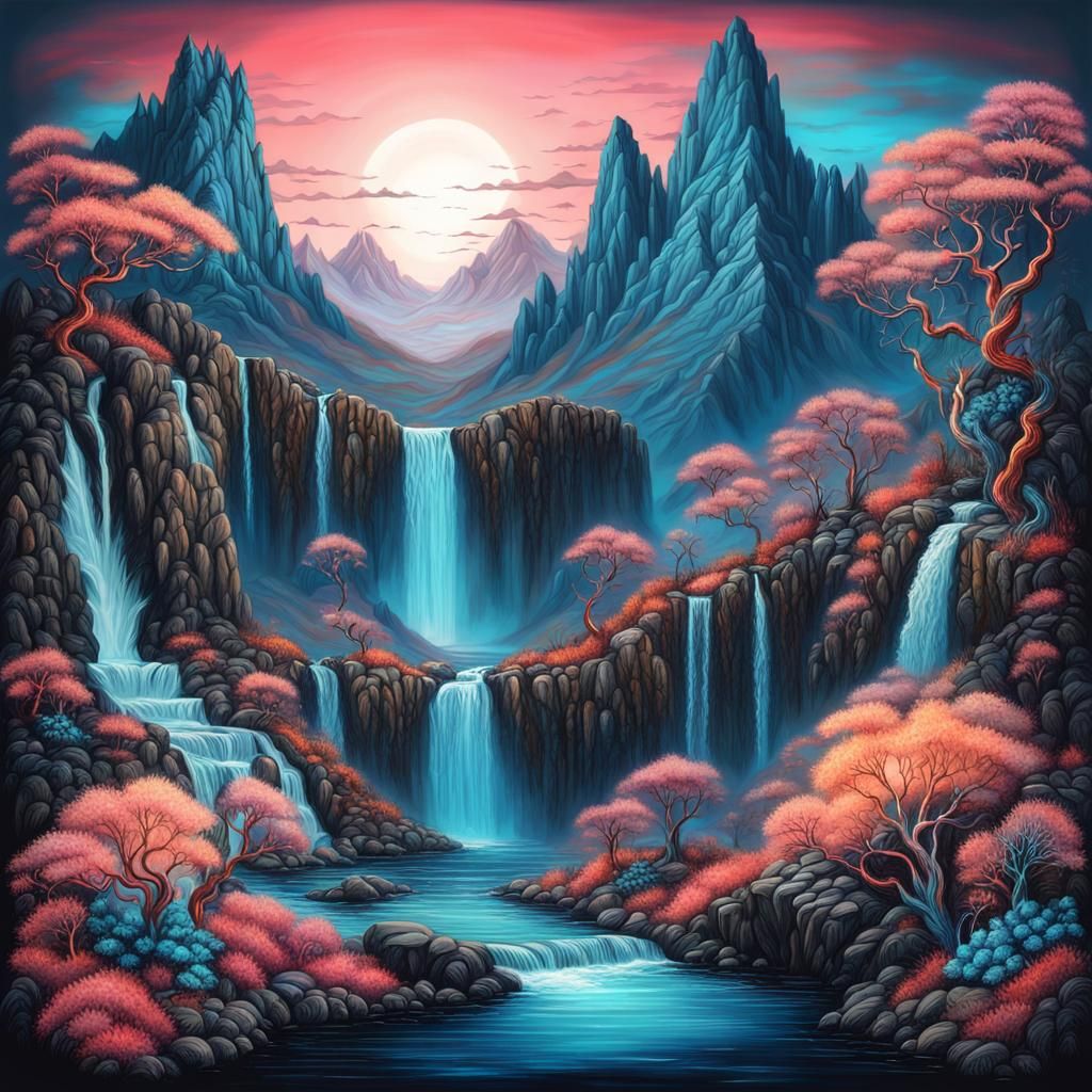 Luminous Doodlecore Landscape with Waterfalls in Vector Art