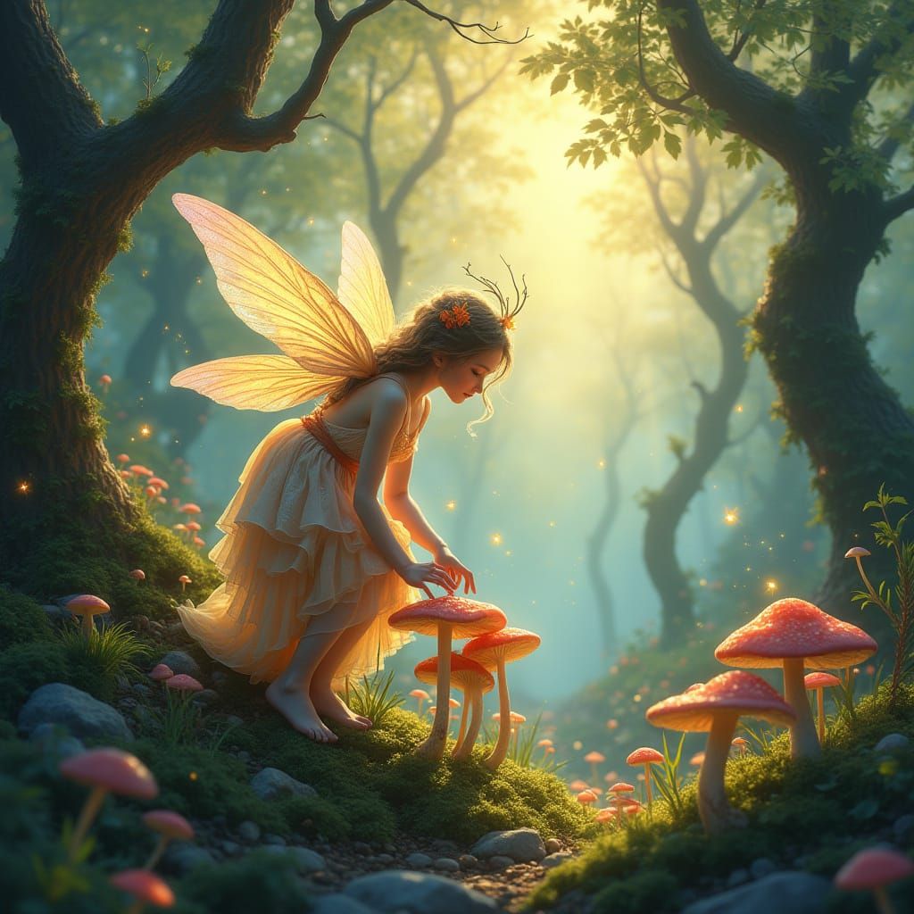 Whimsical Fairy Tends Glowing Mushroom Garden in Magical For...